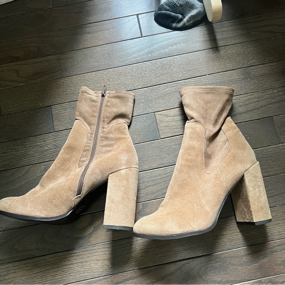 Womens Taupe Suede Block Heel Ankle Boots